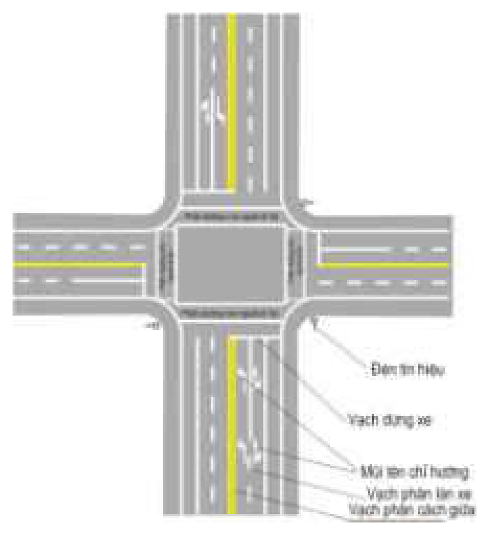 Hình G.46 - Bố trí vạch dừng xe ở nút giao thông có đèn tín hiệu