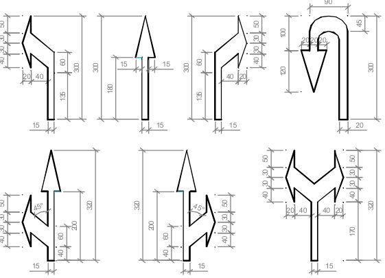 Hình G.73 - Kích thước mũi tên chỉ đường áp dụng cho đường có tốc độ xe