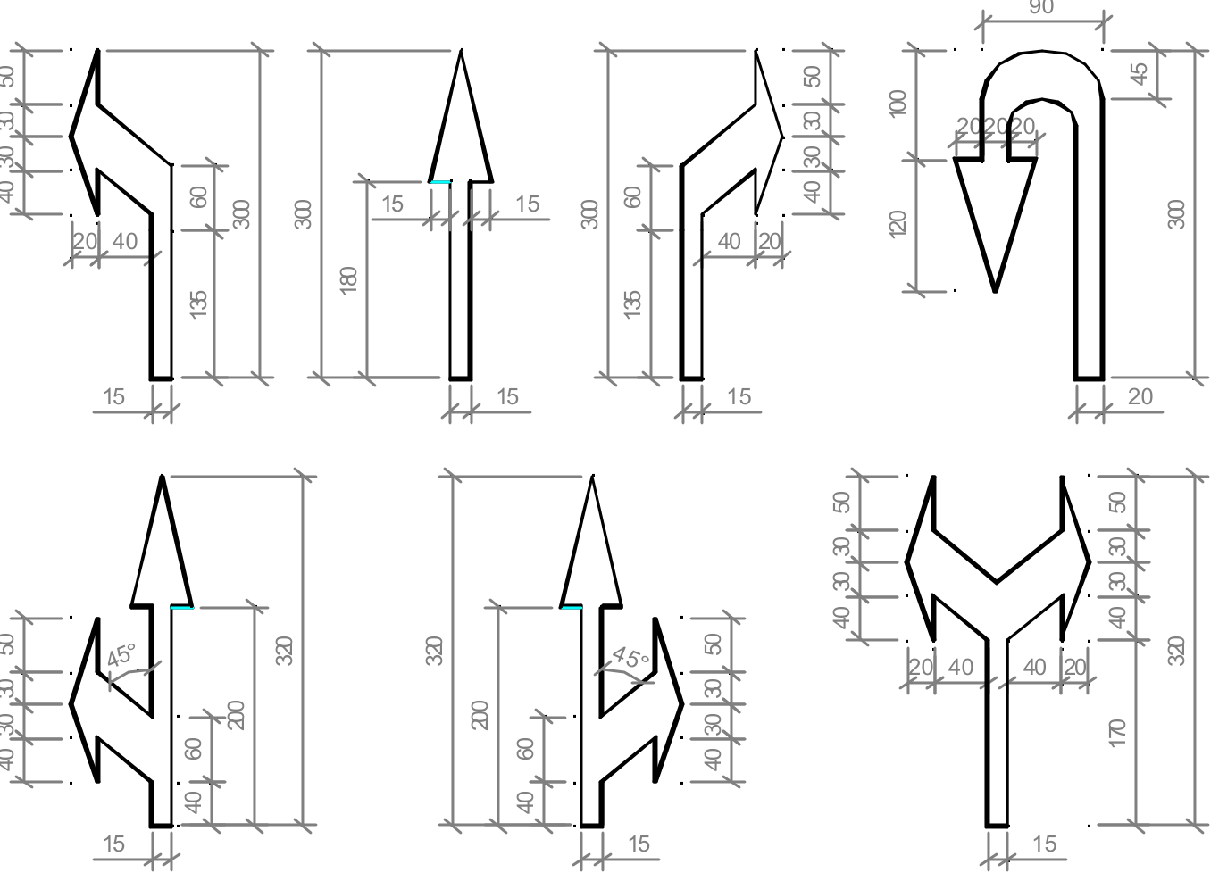 Hình G.73 - Kích thước mũi tên chỉ đường áp dụng cho đường có tốc độ xe